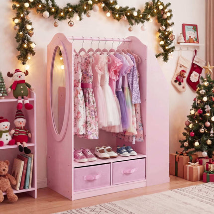 Kids Clothing Rack with Full-Length Mirror and Bookshelf, Pink, 108 cm