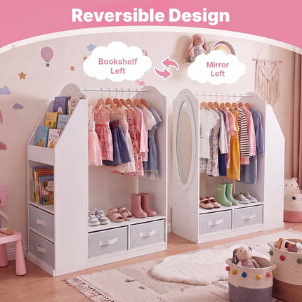 Kids Clothing Rack with Full-Length Mirror and Bookshelf, White, 108 cm