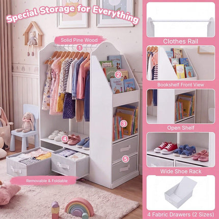 Kids Clothing Rack with Full-Length Mirror and Bookshelf, White, 108 cm