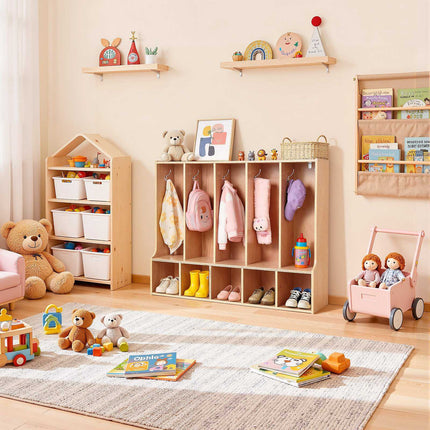 Kids Coat Locker – 5-Section Cubby with 10 Hooks