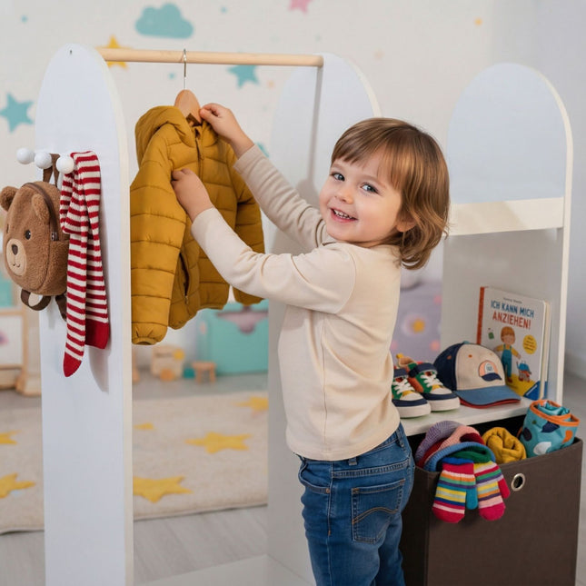 Kids Coat Rack With Shelf, Hooks And Fabric Storage Box