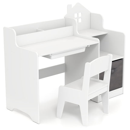 Kinderschreibtisch- und Stuhl-Set mit Regalen und Schublade, Weiß