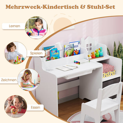 Kinderschreibtisch- und Stuhl-Set mit Regalen und Schublade, Weiß