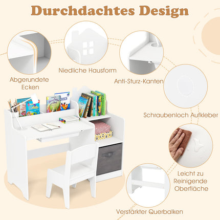 Kinderschreibtisch- und Stuhl-Set mit Regalen und Schublade, Weiß