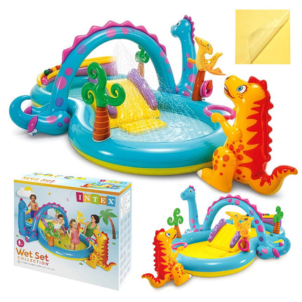 Kinder-Dinoland-Wasserspielplatz mit Rutsche und Springbrunnen