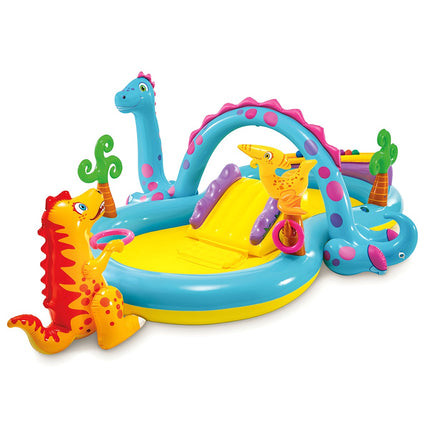 Kinder-Dinoland-Wasserspielplatz mit Rutsche und Springbrunnen