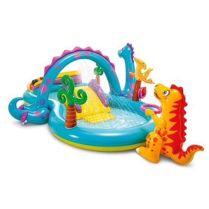 Kinder-Dinoland-Wasserspielplatz mit Rutsche und Springbrunnen