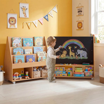 Kids Double-Sided Bookshelf on Wheels with Chalkboard