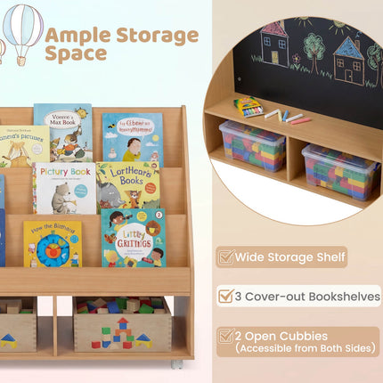 Kids Double-Sided Bookshelf on Wheels with Chalkboard