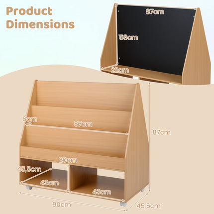 Kids Double-Sided Bookshelf on Wheels with Chalkboard
