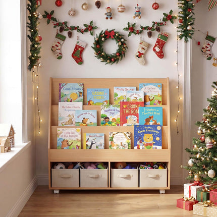 Kids Double-Sided Bookshelf on Wheels with Chalkboard