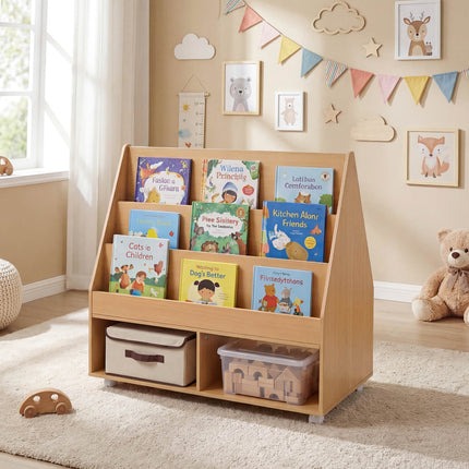 Kids Double-Sided Bookshelf on Wheels with Chalkboard