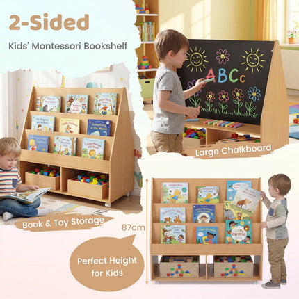 Kids Double-Sided Bookshelf on Wheels with Chalkboard