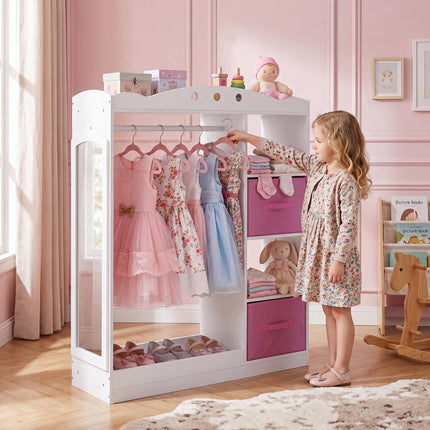 Kids Dress Up Storage with Mirror and Shelves – White
