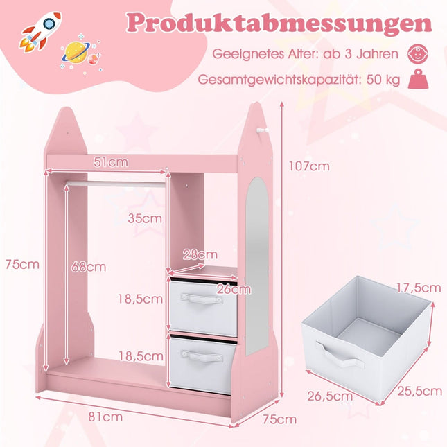 Kinder-Ankleideschrank mit Spiegel – Rosa, 107 cm