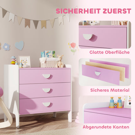 Kinderkommode mit 3 Schubladen, MDF, Rosa und Weiß