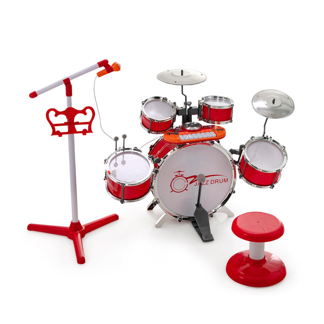 Kinder-Schlagzeug- und 8-Tasten-Keyboard-Set mit Hocker, Mikrofonständer