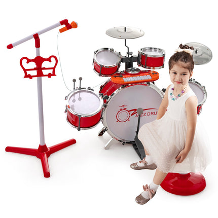 Kinder-Schlagzeug- und 8-Tasten-Keyboard-Set mit Hocker, Mikrofonständer