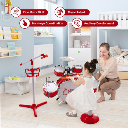 Kinder-Schlagzeug- und 8-Tasten-Keyboard-Set mit Hocker, Mikrofonständer
