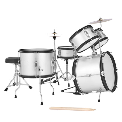 Kids Drum Set, 5-Piece 16-Inch, Adjustable Throne, Silver