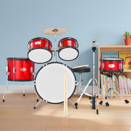 Kids Drum Set, 5-Piece 16-Inch Kit with Throne, Sticks, Red