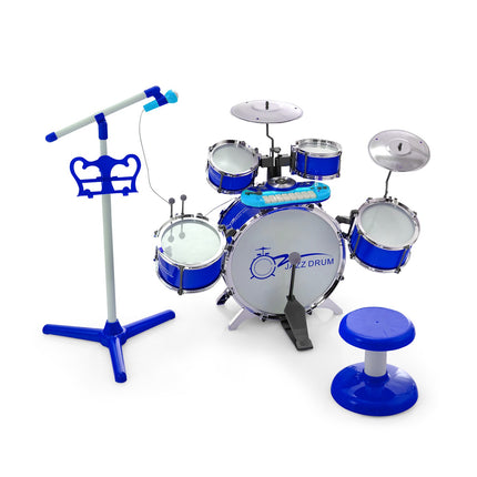 Kinder Schlagzeug mit 8-Tasten-Keyboard, Mikrofonständer, Hocker, Blau