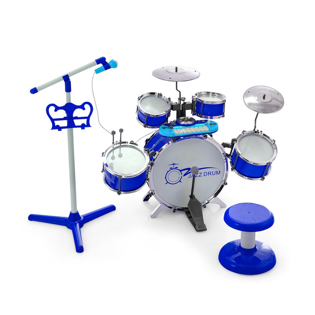 Kinder Schlagzeug mit 8-Tasten-Keyboard, Mikrofonständer, Hocker, Blau