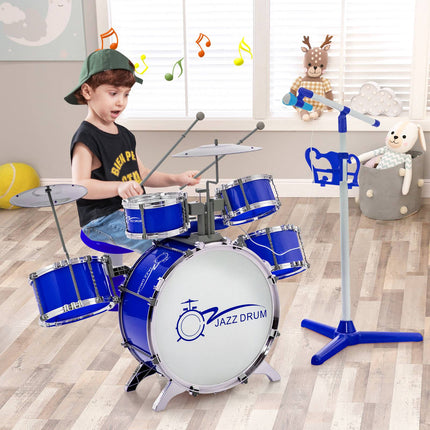 Kinder Schlagzeug mit 8-Tasten-Keyboard, Mikrofonständer, Hocker, Blau