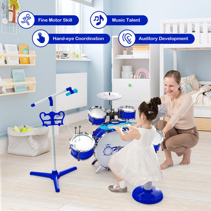 Kinder Schlagzeug mit 8-Tasten-Keyboard, Mikrofonständer, Hocker, Blau