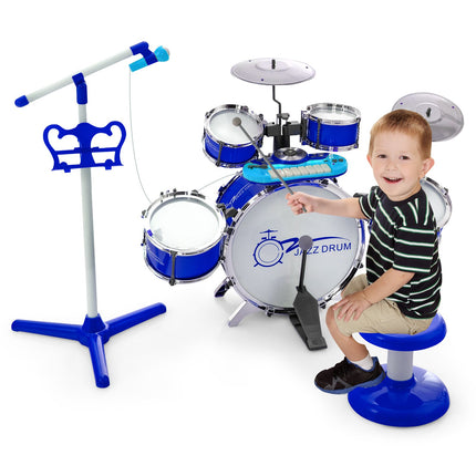 Kinder Schlagzeug mit 8-Tasten-Keyboard, Mikrofonständer, Hocker, Blau