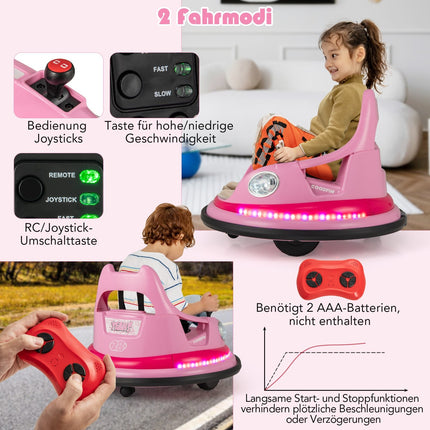 Kinder Elektro-Bumper-Auto 12V, Fernbedienung & Joysticks, Pink