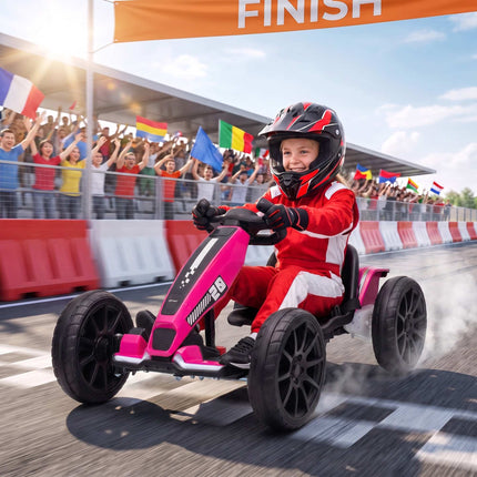 Kids Electric Go-Kart 12V with 2 Motors and Soft Start, Pink, LED Headlights
