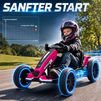 Kids Electric Go-Kart 12V with 2 Motors and Soft Start, Pink, LED Headlights