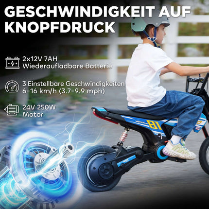 Kids Electric Motorbike 24V 250W with Rear Suspension, Disc Brake, Ages 8-12