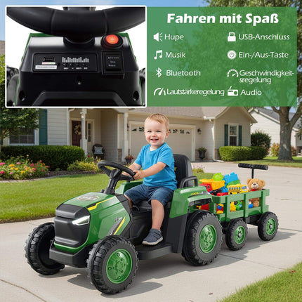 Kinder Elektro-Aufsitz-Traktor mit abnehmbarem Anhänger, Fernbedienung