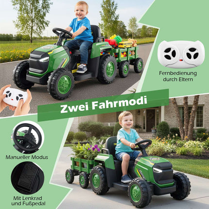 Kinder Elektro-Aufsitz-Traktor mit abnehmbarem Anhänger, Fernbedienung