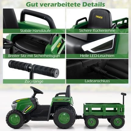 Kinder Elektro-Aufsitz-Traktor mit abnehmbarem Anhänger, Fernbedienung