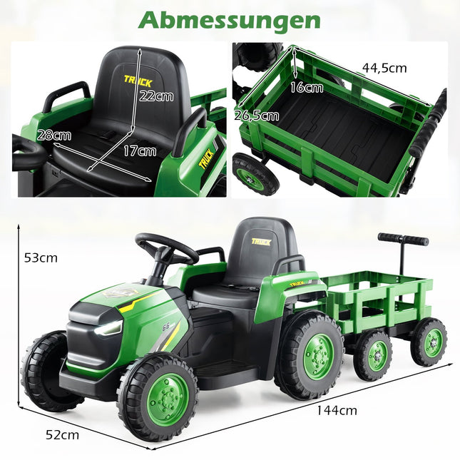 Kinder Elektro-Aufsitz-Traktor mit abnehmbarem Anhänger, Fernbedienung