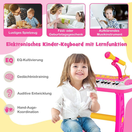 Kinder E-Keyboard mit Hocker & Mikrofon, 31 Tasten, Pink