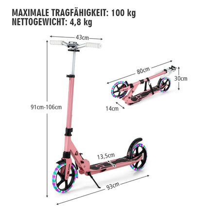 Kids Folding Scooter with Lights, Adjustable Handle, Pink