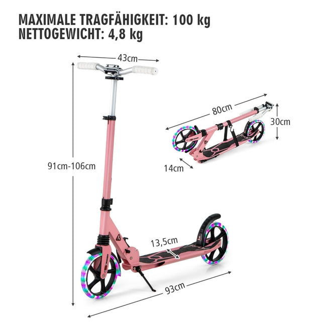 Kinderroller mit Lichtern, klappbar, verstellbarer Griff, Pink