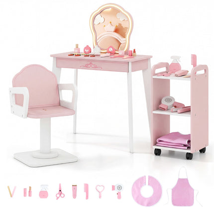 Kinder-Friseursalon-Spielset mit LED-Spiegel, Stuhl, Rosa