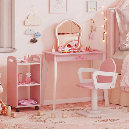Kinder-Friseursalon-Spielset mit LED-Spiegel, Stuhl, Rosa