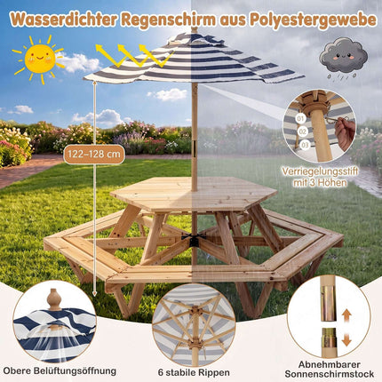 Kids Hexagonal Picnic Table with Umbrella – Natural Wood