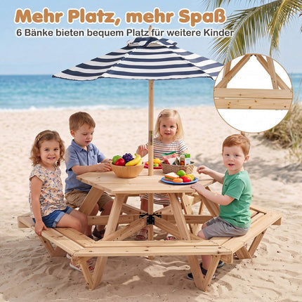 Kids Hexagonal Picnic Table with Umbrella – Natural Wood