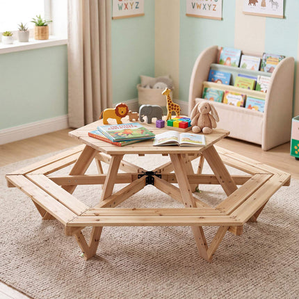 Kids Hexagonal Picnic Table with Umbrella – Natural Wood