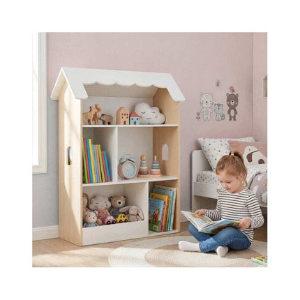 Kids House Bookshelf with 5 Open Compartments, Anti-Tip Device, White/Natural