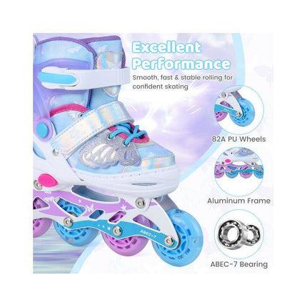 Kids Inline Skates Adjustable 4 Sizes with Light-Up Wheels, Blue, Size L 38-41