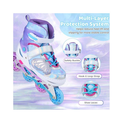 Kids Inline Skates Adjustable 4 Sizes with Light-Up Wheels, Blue, Size L 38-41