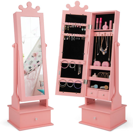 Kids Jewelry Armoire With Full-Length Mirror, Drawers, Pink